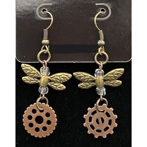 Handmade Dragonfly Wing & Gear with Clear Glass Bead Earrings by Neanie-Bot